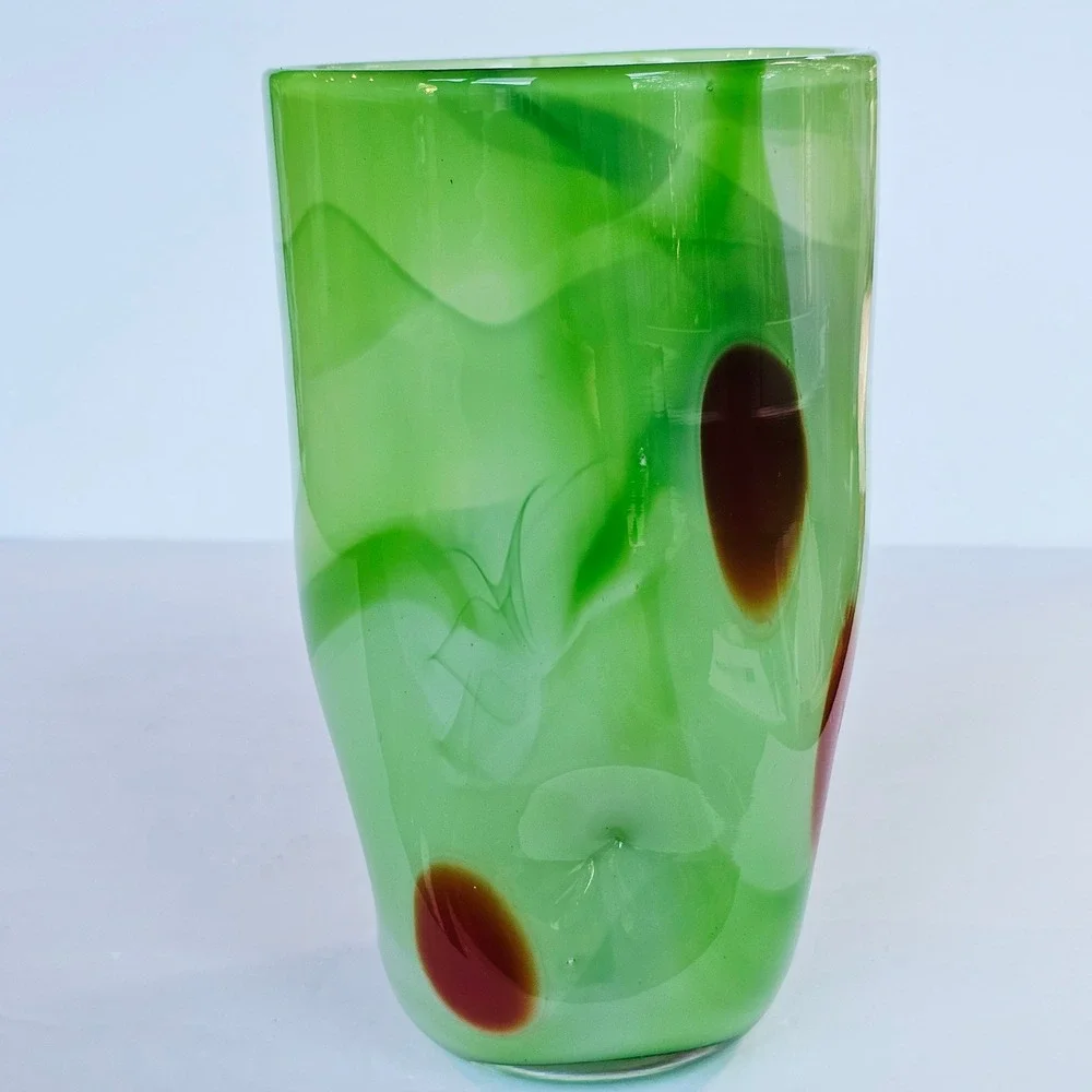 Vintage MCM Hand Blown Art Glass Vase Green Swirl Red Spotted Eclectic Artistic